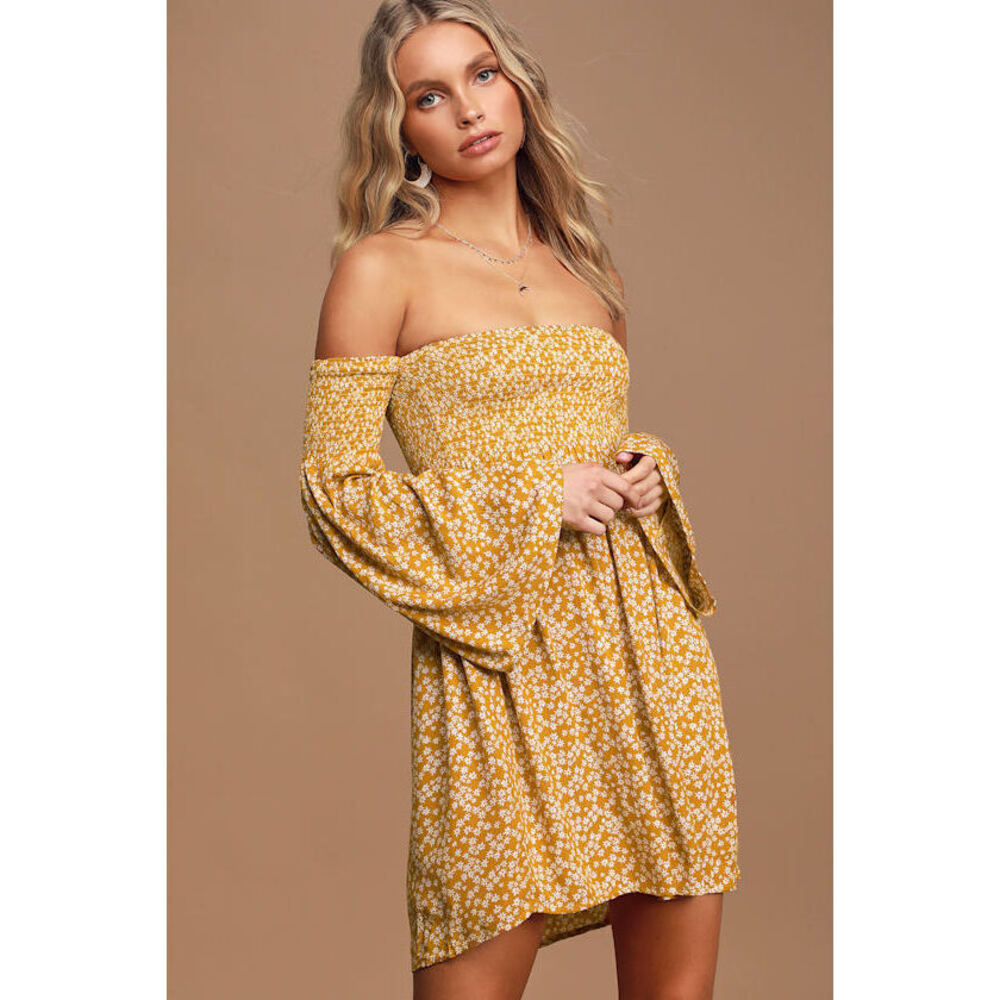 Lulus Picking Daisies Yellow Floral Print Off-the-shoulder Mini Dress